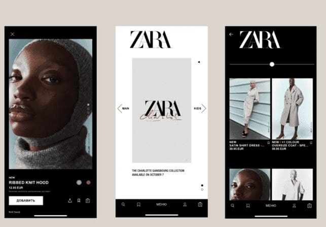 Three smartphone screens displaying ZARA's minimalist mobile app interface with product listings, navigation menus, and model photography in black and white
