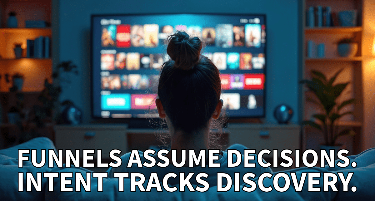 Person viewing streaming service interface illustrating marketing funnel strategy and customer journey discovery through content platforms