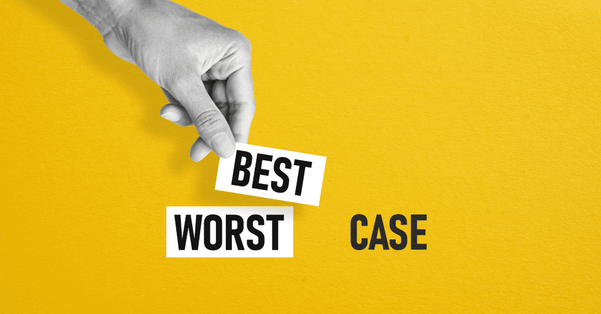 Hand holding "BEST" label above "WORST" with "CASE" text on yellow background, representing decision-making and risk assessment in business strategy
