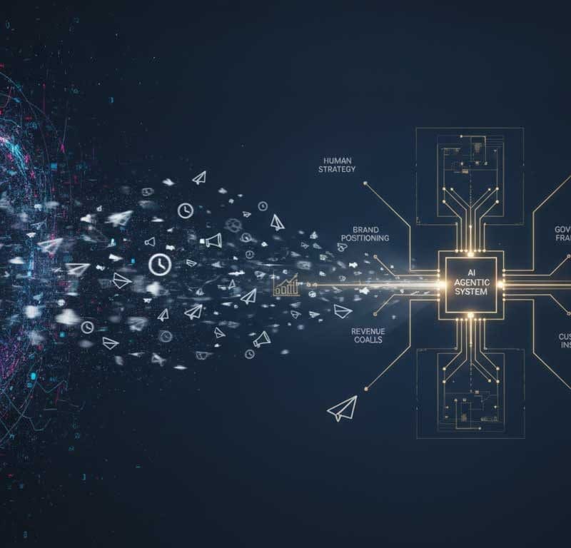 Digital visualization of an AI agentic system connecting human strategy, brand positioning, revenue goals, governance framework, and customer insights through a central AI hub with network nodes and data flows