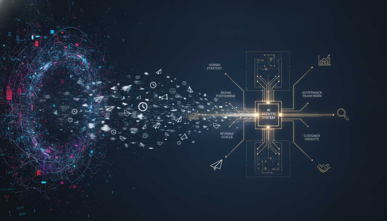 Digital visualization of an AI agentic system connecting human strategy, brand positioning, revenue goals, governance framework, and customer insights through a central AI hub with network nodes and data flows