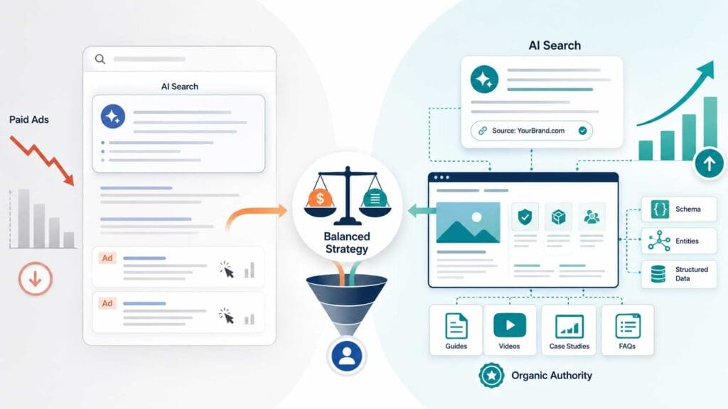 Diagram showing balanced marketing strategy combining changes paid ads with growing AI content development and organic authority signals