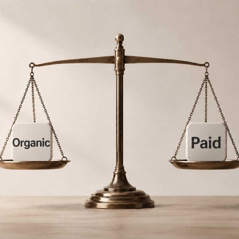 Brass balance scale with Organic on left pan and Paid on right pan, symbolizing marketing channel comparison