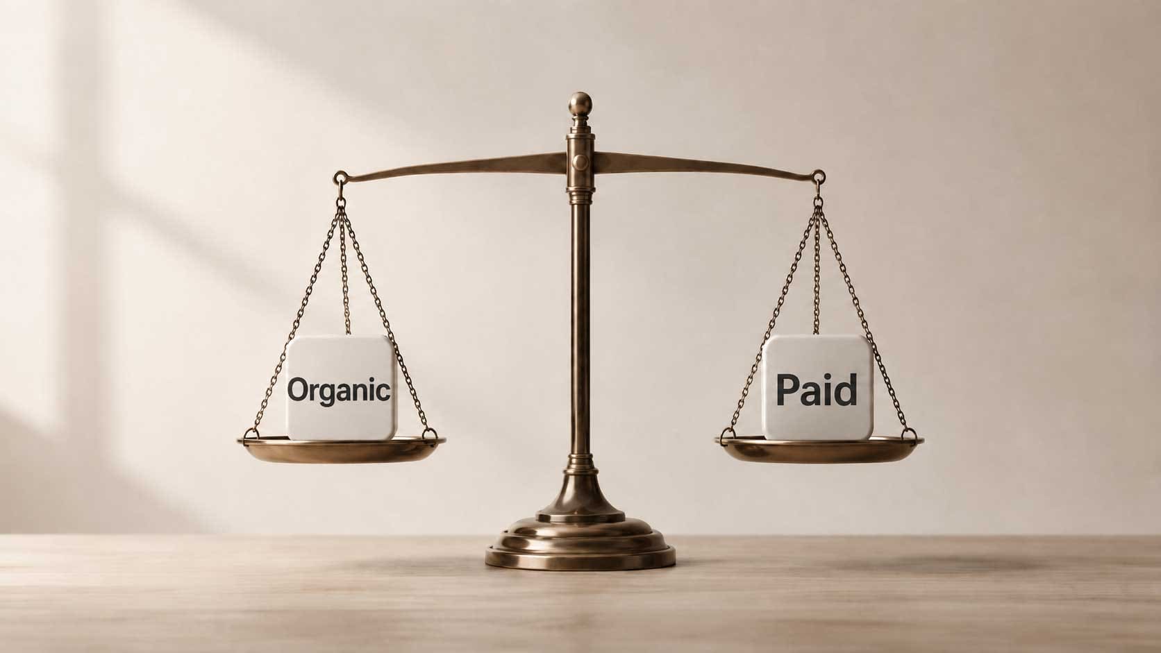 Brass balance scale with Organic on left pan and Paid on right pan, symbolizing marketing channel comparison