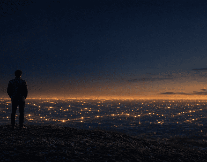 Silhouetted man standing on a hilltop overlooking a sprawling cityscape of golden lights at dusk, gazing toward the illuminated horizon