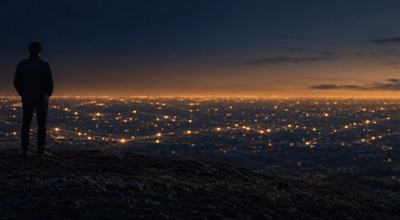 Silhouetted man standing on a hilltop overlooking a sprawling cityscape of golden lights at dusk, gazing toward the illuminated horizon