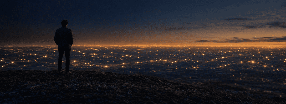 Silhouetted man standing on a hilltop overlooking a sprawling cityscape of golden lights at dusk, gazing toward the illuminated horizon