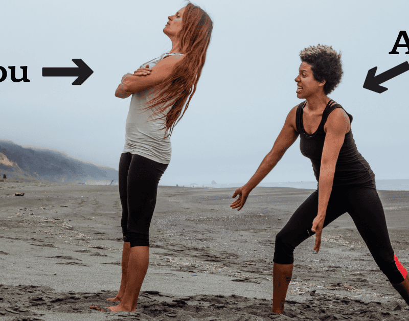 Two women exercising on a beach, one stretching with arms crossed behind her back labeled 