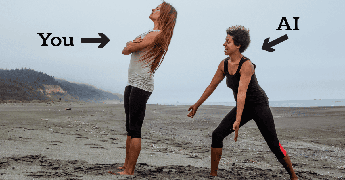 Two women exercising on a beach, one stretching with arms crossed behind her back labeled "You," the other in a athletic stance labeled "AI," with forested hills and ocean in the background