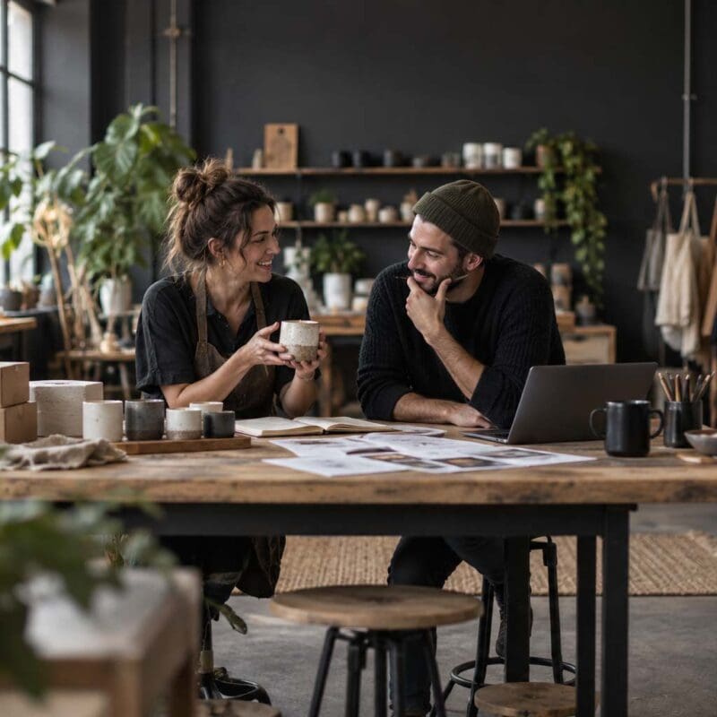 Two professionals reviewing documents and collaborating at a wooden table in a modern marketing agency workspace.