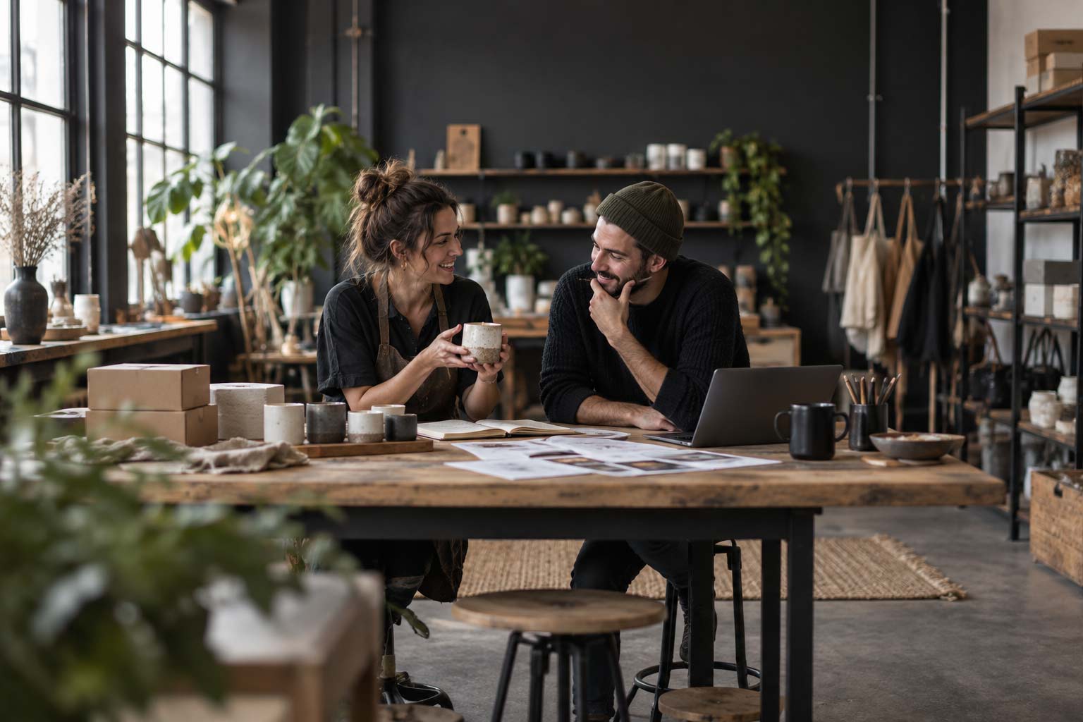 Two professionals reviewing documents and collaborating at a wooden table in a modern marketing agency workspace.