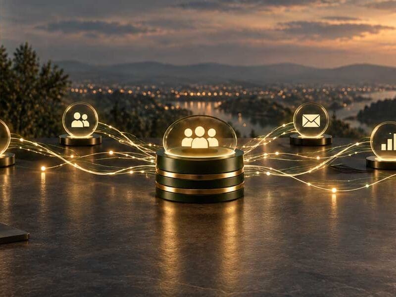 Glowing business icons connected by light trails on a desk overlooking a city skyline at dusk, representing interconnected marketing systems and data integration