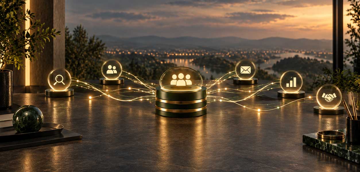 Glowing business icons connected by light trails on a desk overlooking a city skyline at dusk, representing interconnected marketing systems and data integration
