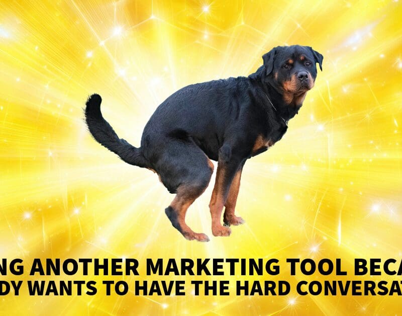 Black and tan Rottweiler jumping against bright yellow background with sparkles, illustrating avoidance of difficult marketing conversations