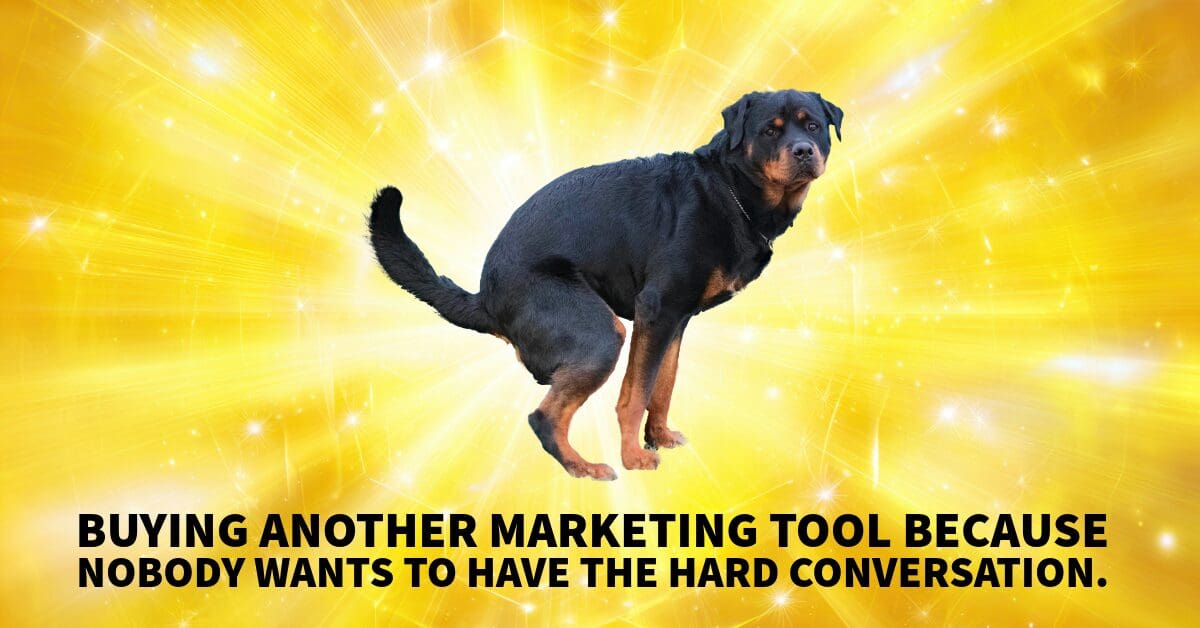 Black and tan Rottweiler jumping against bright yellow background with sparkles, illustrating avoidance of difficult marketing conversations