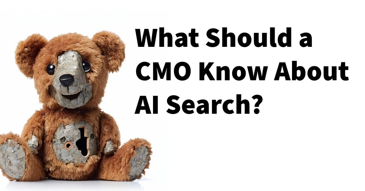 Worn teddy bear with patched fabric next to text "What Should a CMO Know About AI Search?"